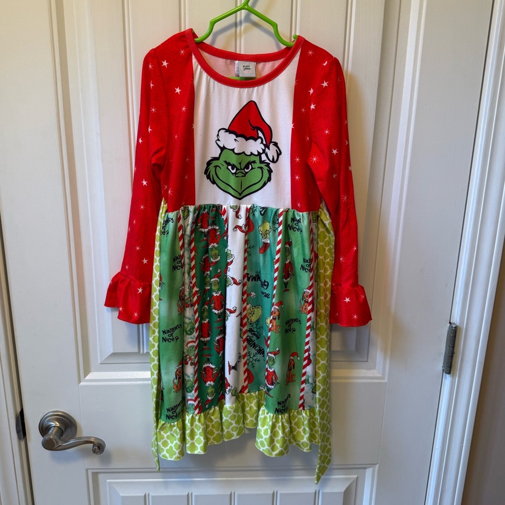 Dash of Glitter Girls Long-Sleeve Grinch Patchwork Holiday Dress - Red & Green